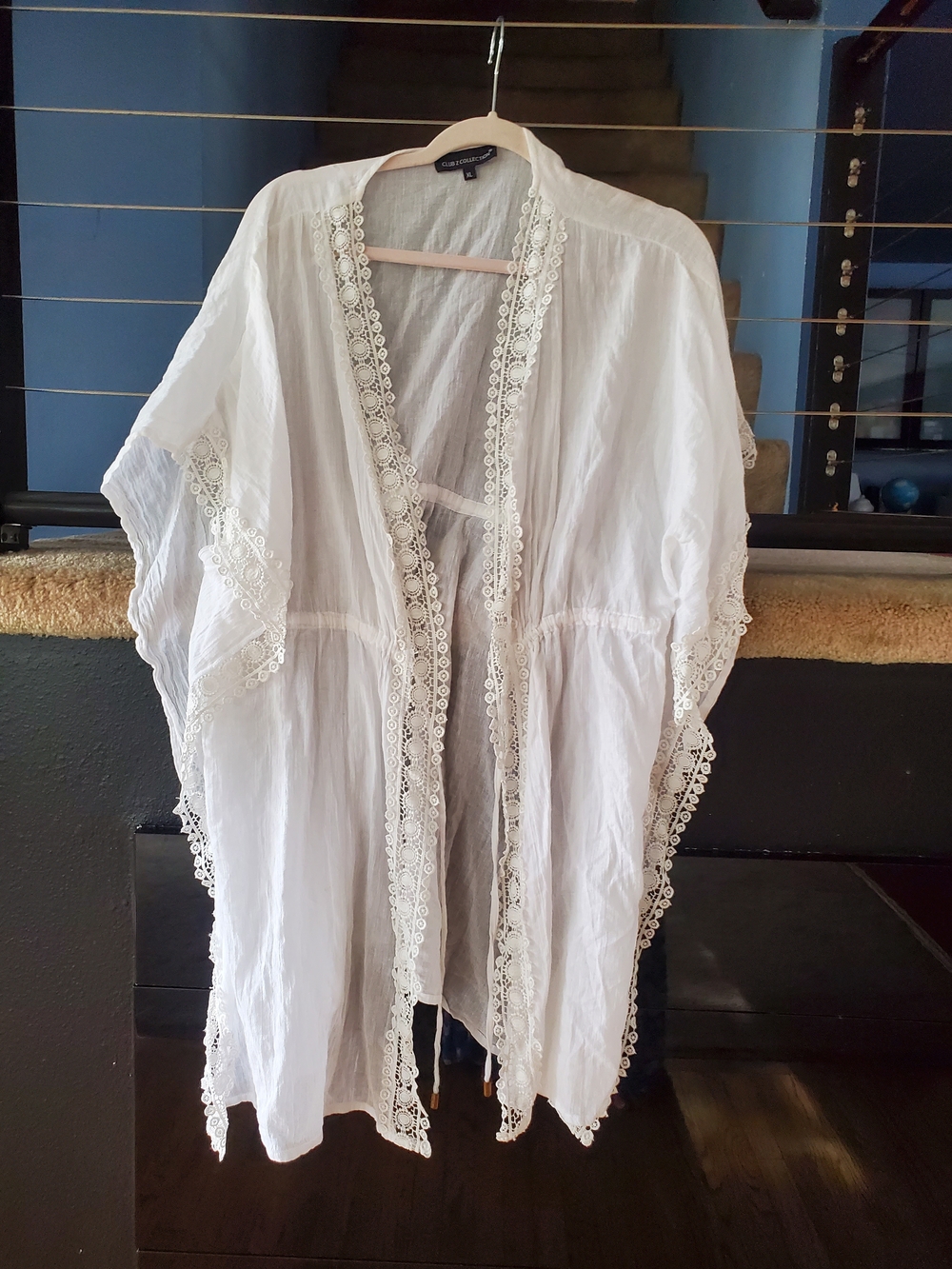 White Lace-Trim Open Front Tunic Kimono